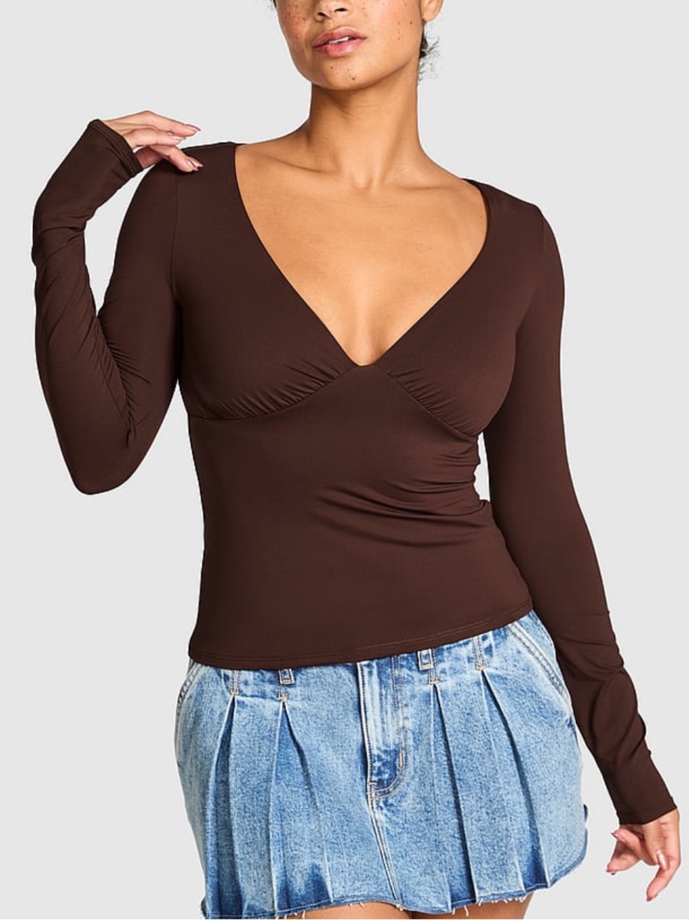 PINK Victoria's Secret Base Stretch Brown Long Sleeve Deep V Plunge Top